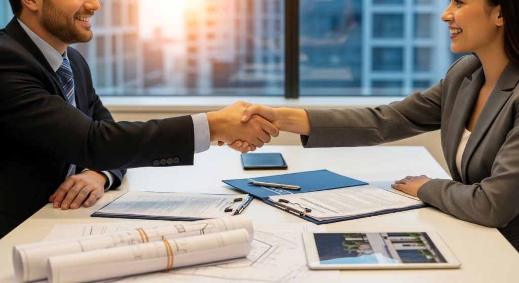 Real estate professionals shaking hands over signed joint venture partnership agreement with property development plans
