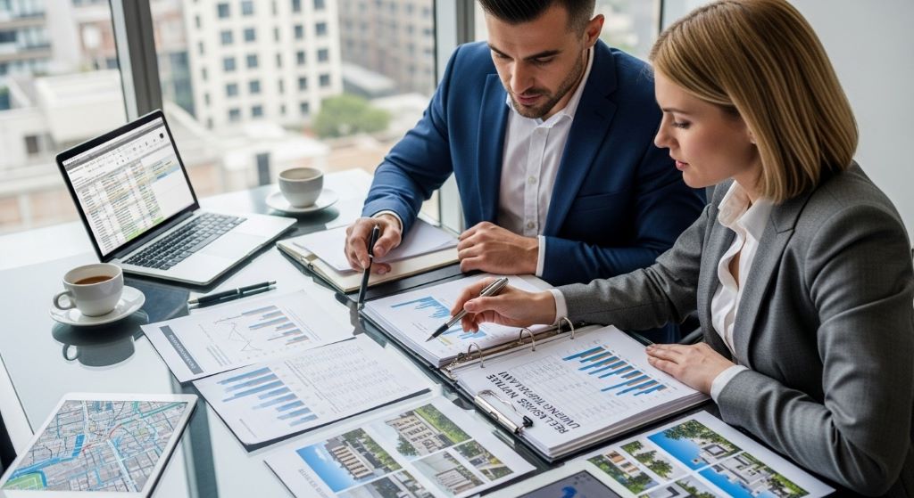 Two business partners reviewing real estate joint venture business plan documents with financial projections and property photos