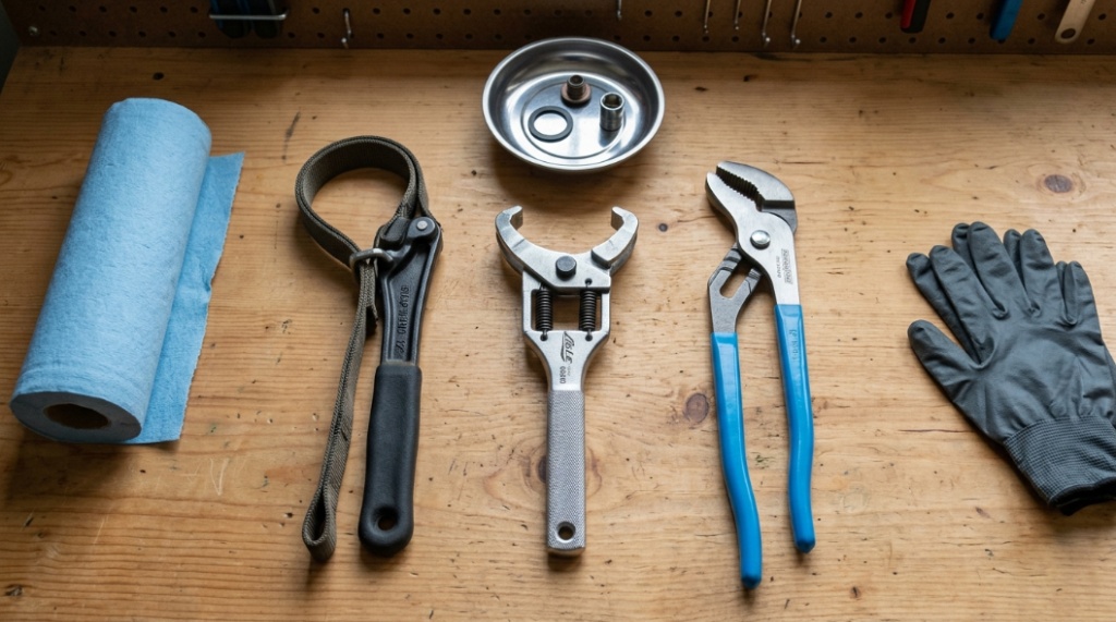mechanic using oil filter wrench tool on car engine
