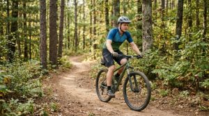 Beginner mountain biker riding a hardtail trail bike on a dirt forest path