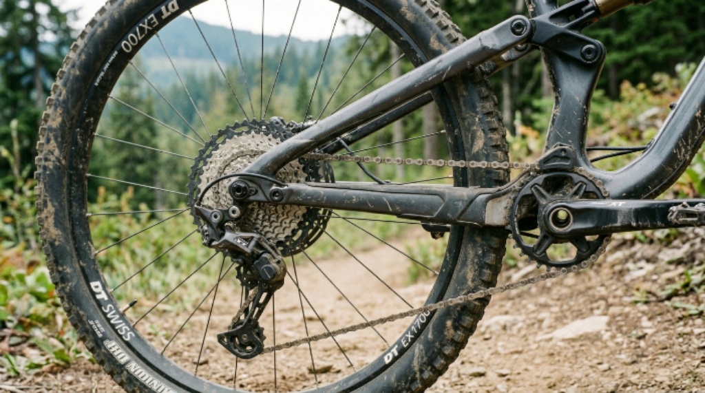 Close-up of mountain bike components showing suspension fork, disc brakes, and drivetrain