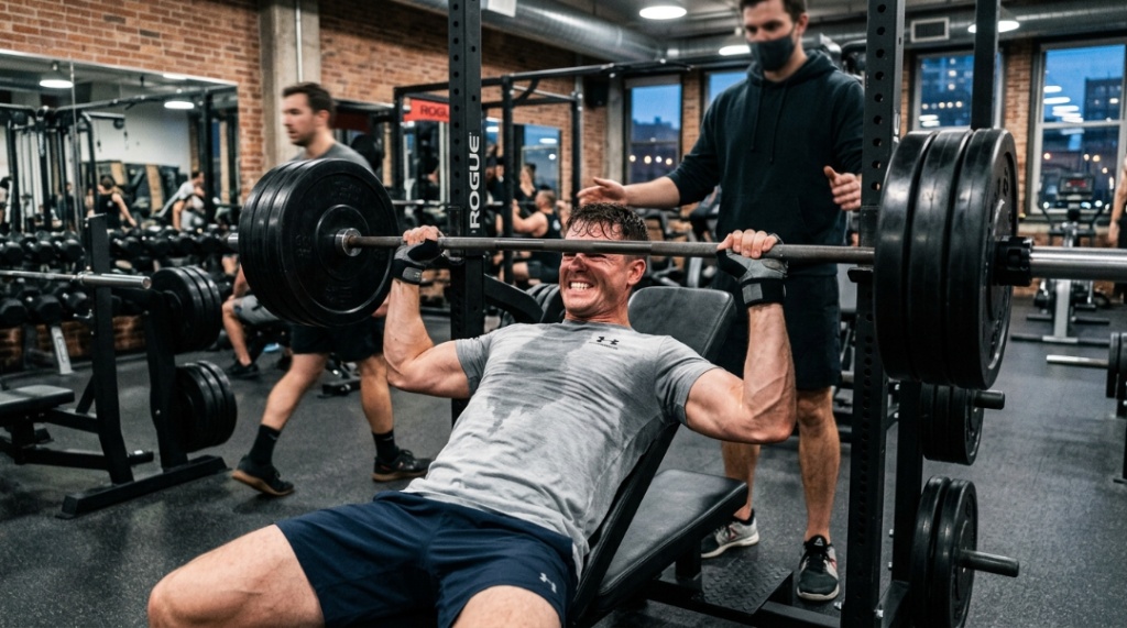 A man wearing a light grey sweat-resistant gym t-shirt during an intense weightlifting session in a modern gym