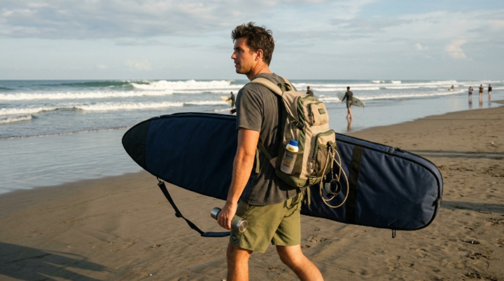 A surfer carrying a board bag and backpack filled with surf accessories toward the ocean
