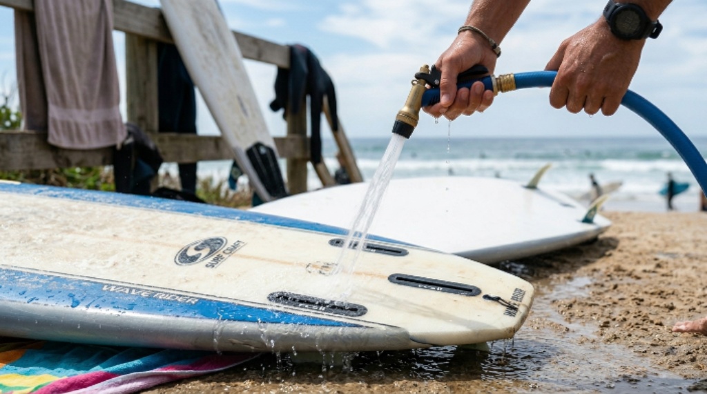 A surfboard fin box being rinsed with fresh water after a surf session to remove salt and prevent corrosion
