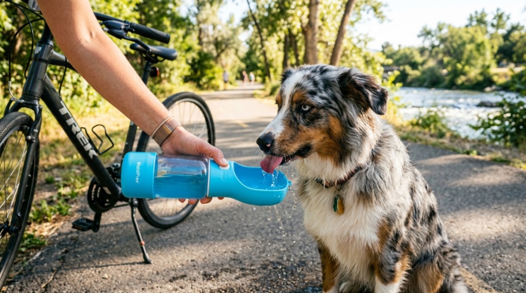 Portable dog water bottle used on outdoor trail in Idaho