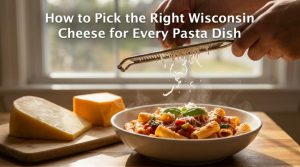Freshly grated Wisconsin cheese falling onto a steaming bowl of pasta.