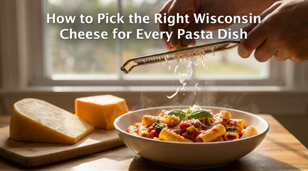 Freshly grated Wisconsin cheese falling onto a steaming bowl of pasta.
