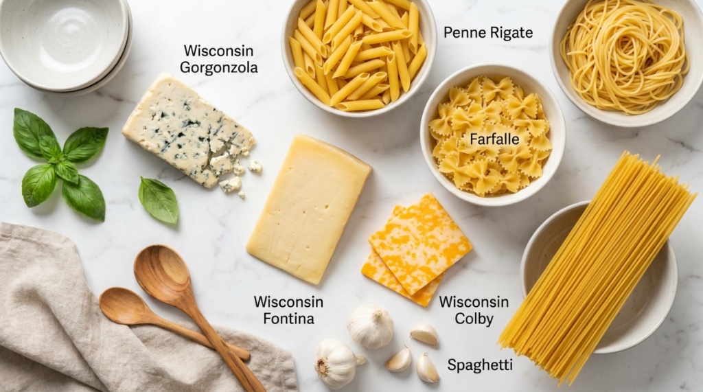 Assorted Wisconsin cheeses arranged next to various dry pasta shapes.