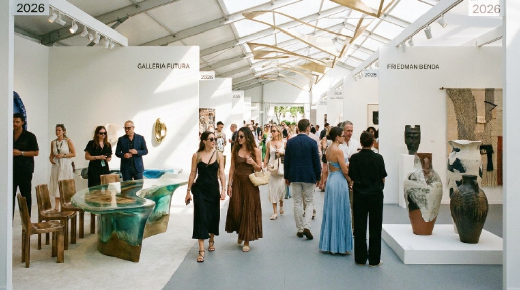 Visitors exploring gallery booths at Design Miami 2026 with luxury designer furniture and art objects
