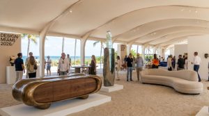 Elegant collectible design furniture and sculptures on display at Design Miami 2026 fair pavilion in Miami Beach