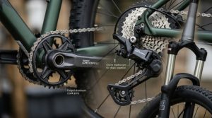 Close up of a mountain bike rear derailleur and cassette.