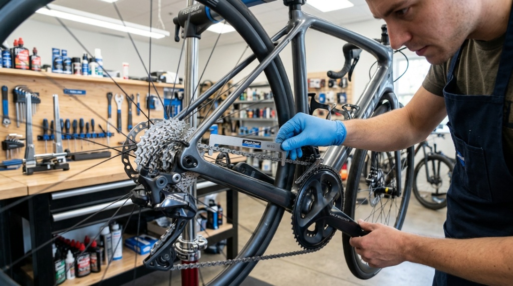 A person checking the front suspension fork of a mountain bike.