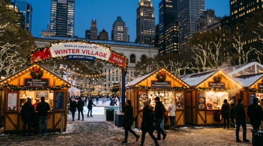 Festive vendor kiosks at Bank of America Winter Village Bryant Park 2026