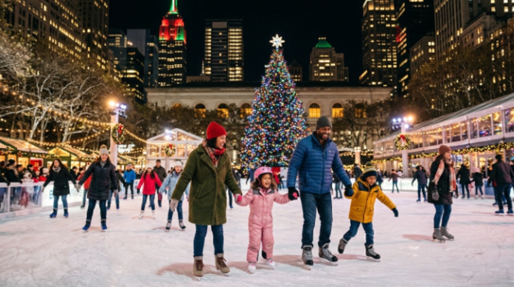 Families ice skating at Bryant Park free outdoor rink during Christmas season