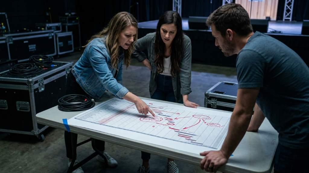 Event production team discussing timeline adjustments