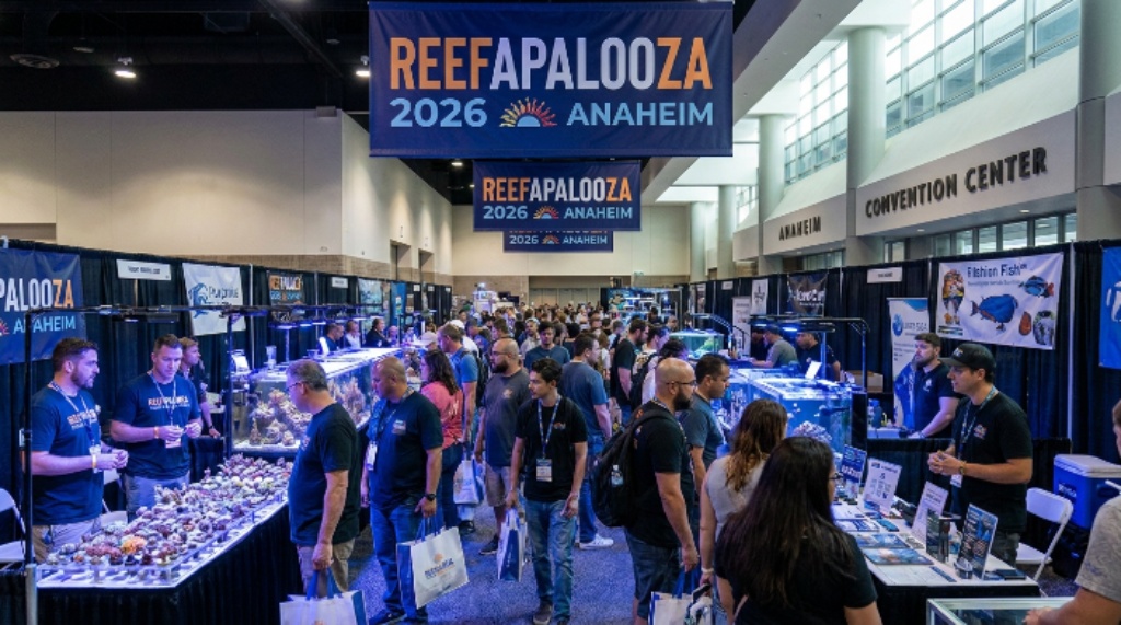 Saltwater aquarium enthusiasts browsing vendors at Reefapalooza 2026 Anaheim