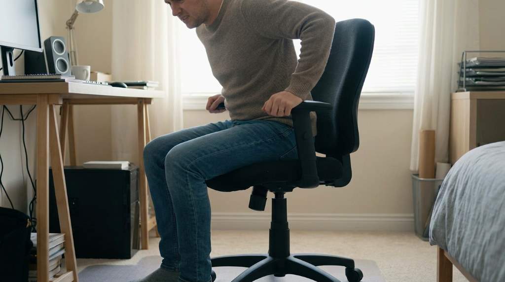 Worker adjusting sinking office chair at a modern desk