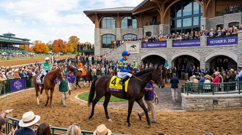 Jockeys and Thoroughbred horses in the new Paddock Building at Keeneland Race Course ahead of the Breeders' Cup Classic on Championship Saturday, October 31, 2026