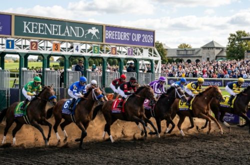 Thoroughbred racehorses breaking from the gate on the dirt track at Keeneland Race Course during the Breeders' Cup World Championships 2026 in Lexington, Kentucky