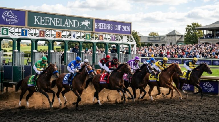 Thoroughbred racehorses breaking from the gate on the dirt track at Keeneland Race Course during the Breeders' Cup World Championships 2026 in Lexington, Kentucky