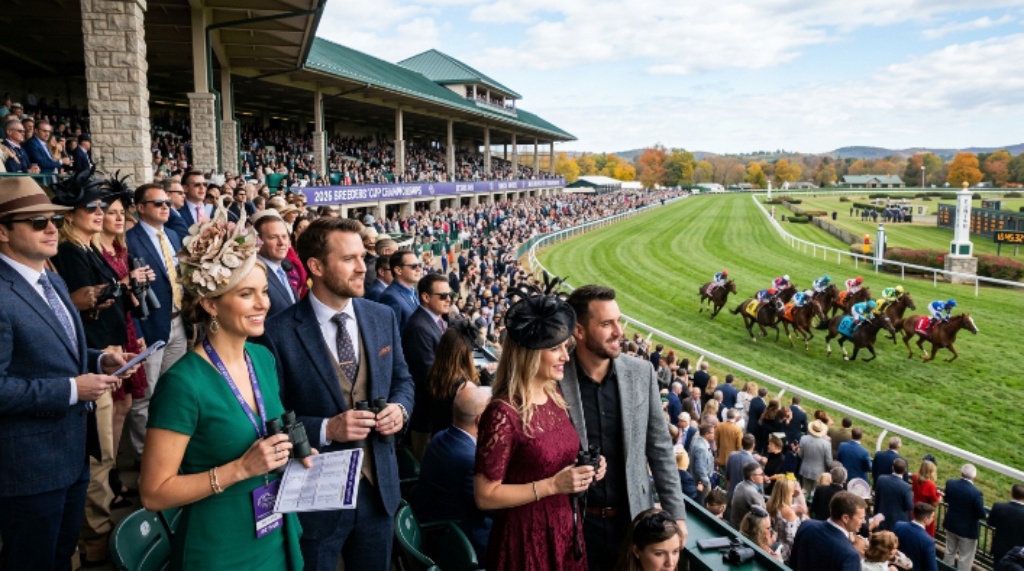 Racing fans in elegant attire watching a Grade 1 Thoroughbred race from the grandstand at Keeneland during the 2026 Breeders' Cup Championships on October 31