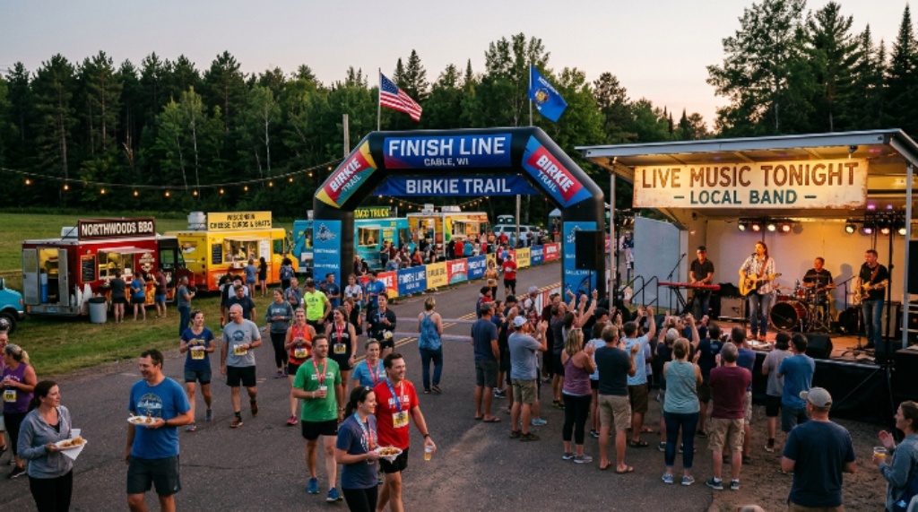 Finish line festival with live music and food trucks in Cable, Wisconsin