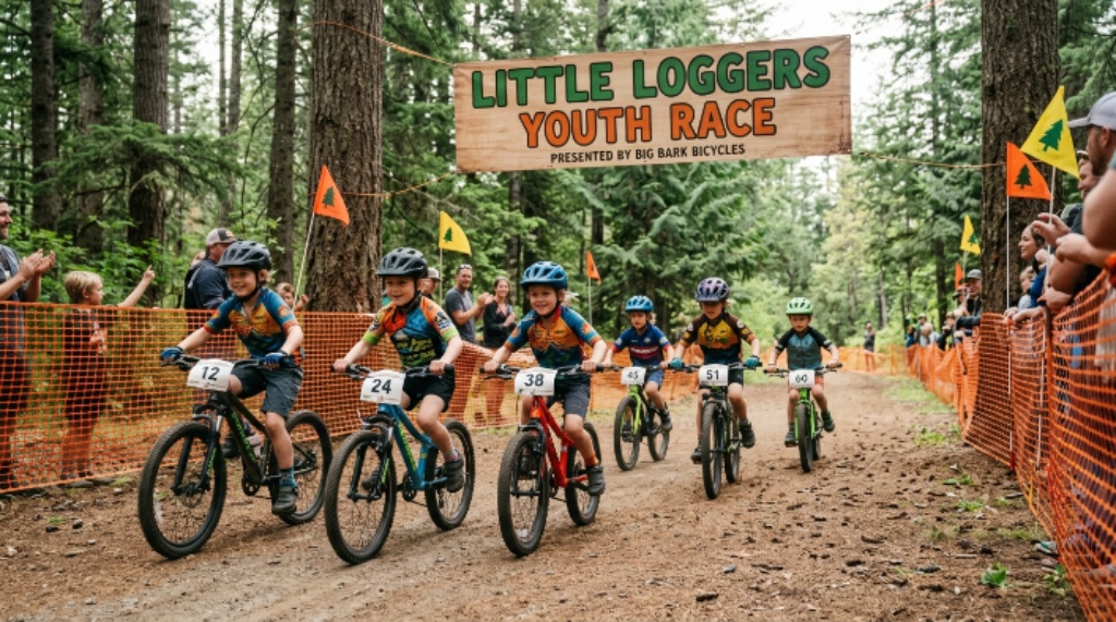 Kids riding bikes during the Little Loggers youth race