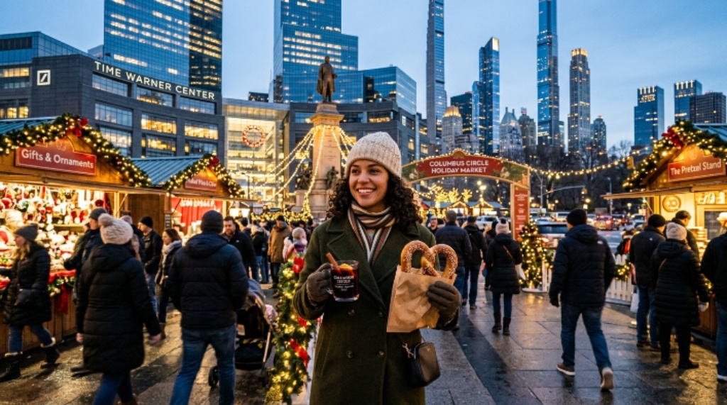 A visitor holding mulled wine and a New York pretzel while walking through the Columbus Circle Holiday Market 2026 with the Manhattan skyline in the background