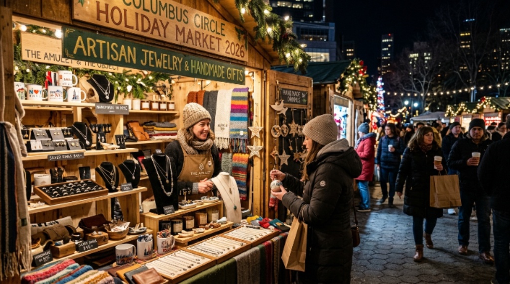 Artisan jewelry and handmade gifts on display at a vendor stall inside the Columbus Circle Holiday Market 2026 at 59th Street and Central Park West in NYC