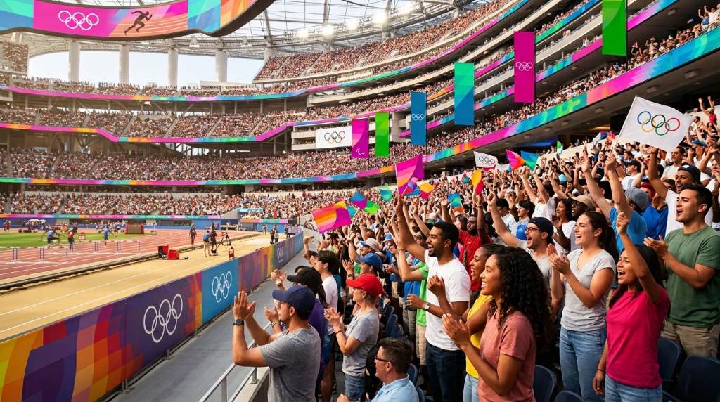 Fans cheering inside a crowded stadium during an Olympic event
