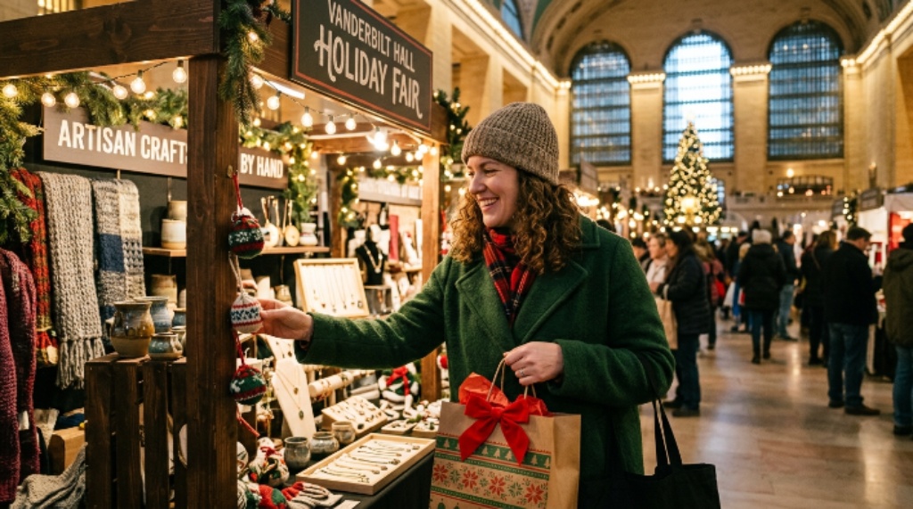 Holiday shopper holding a gift bag near a Vanderbilt Hall craft booth