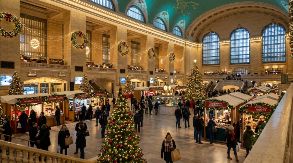 Festive decorations and market booths inside Grand Central Terminal