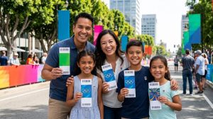Happy family smiling while holding printed LA28 Olympic tickets