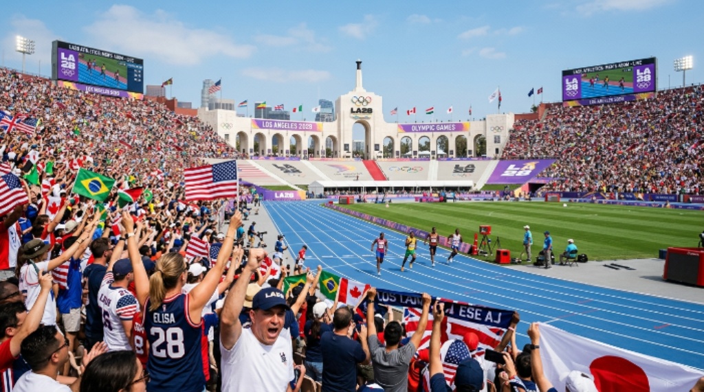 Fans attending an LA28 Olympic event with a packed stadium and competition in progress