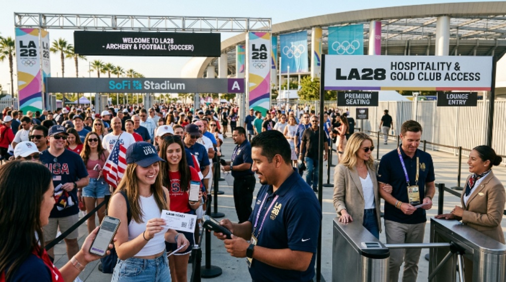 Spectators entering an LA28 venue for Olympic events using tickets and hospitality access
