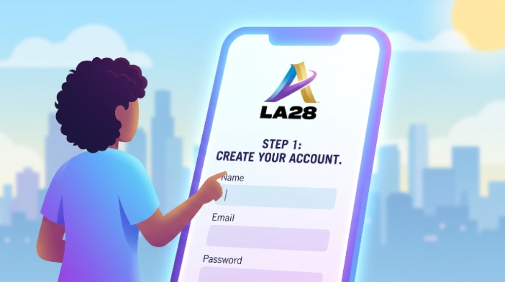 Step-by-step illustration showing how to register for the LA28 Olympic Games ticket draw