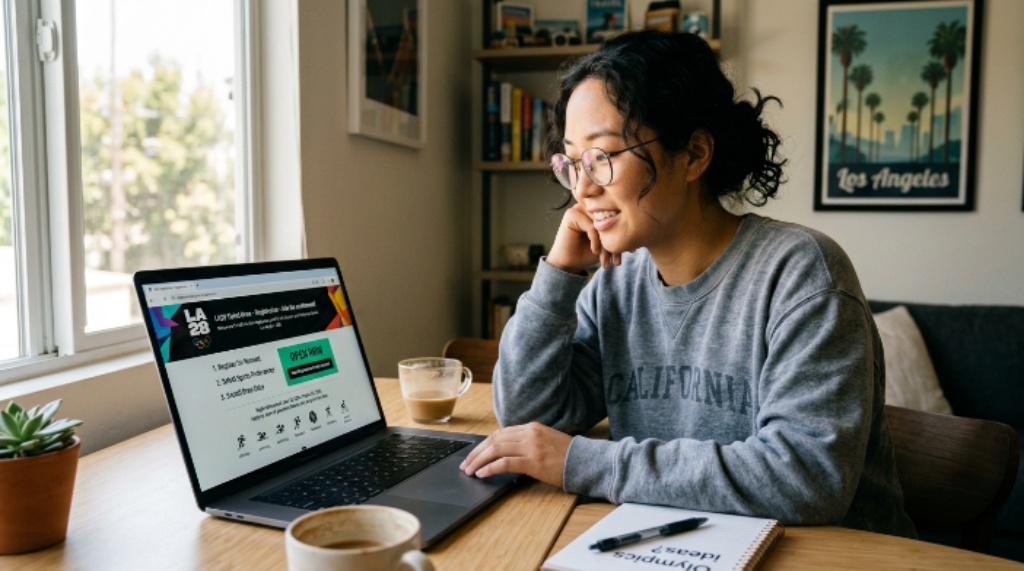 Person viewing the LA28 ticket draw registration page before applying for Olympic tickets