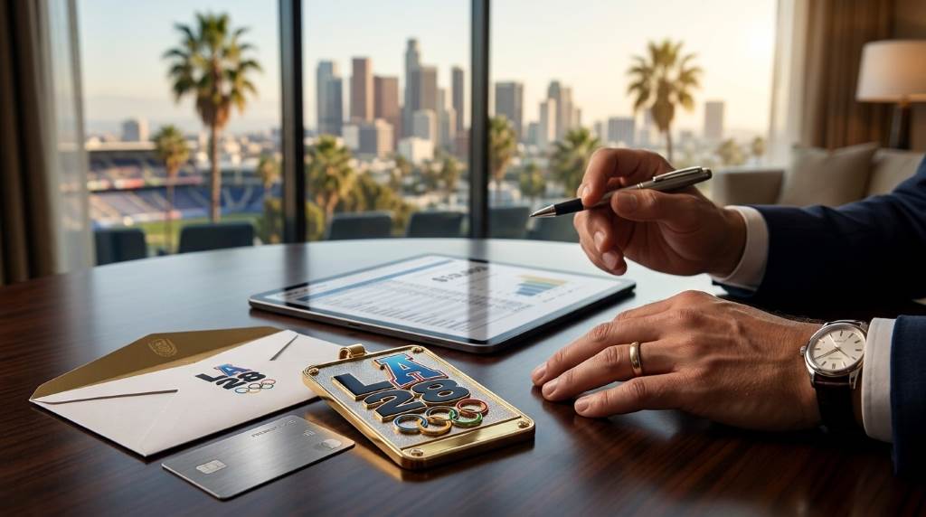 LA28 hospitality deposit program landing page on laptop screen