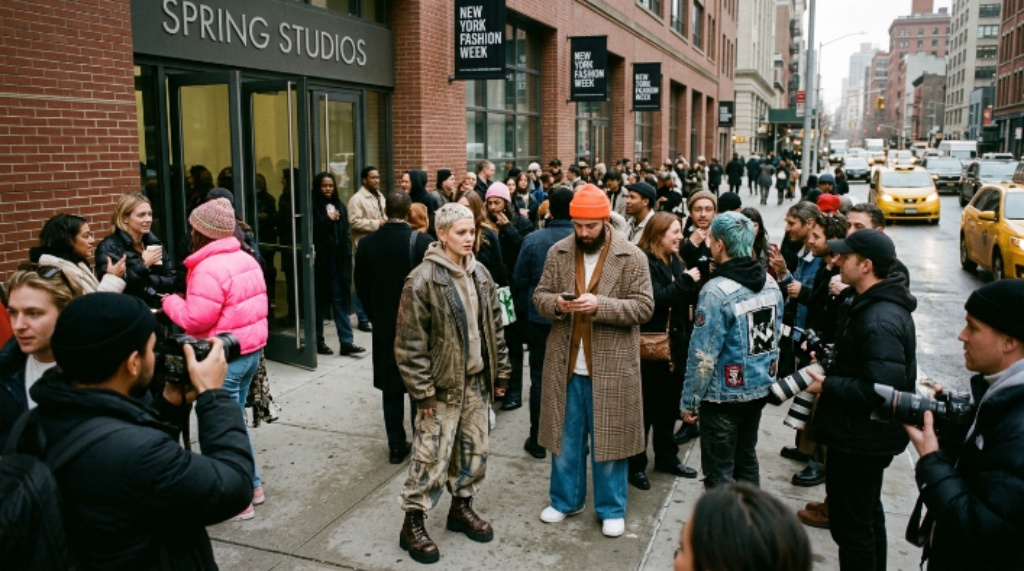 Street style crowd outside a fashion show venue in New York Fashion week