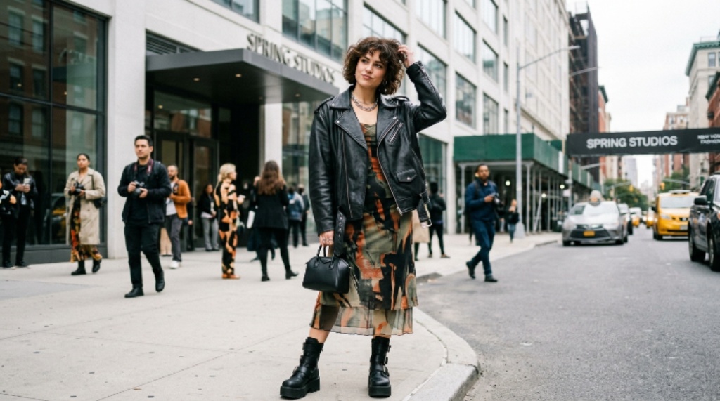 New York Fashion week attendee posing near Spring Studios in Tribeca