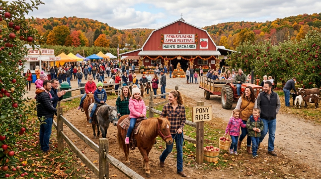 Families enjoying pony rides and farm activities at the Pennsylvania apple festival