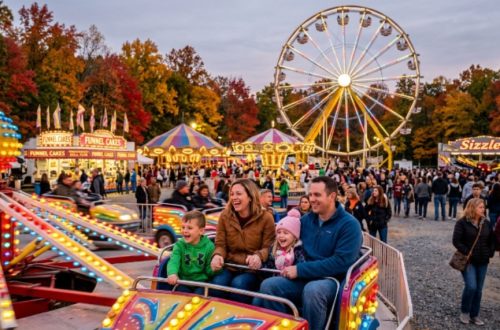 Families enjoying rides at the Doswell fairgrounds in fall