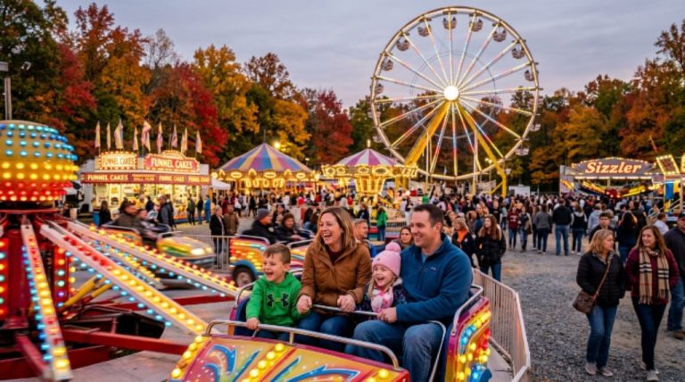 Families enjoying rides at the Doswell fairgrounds in fall