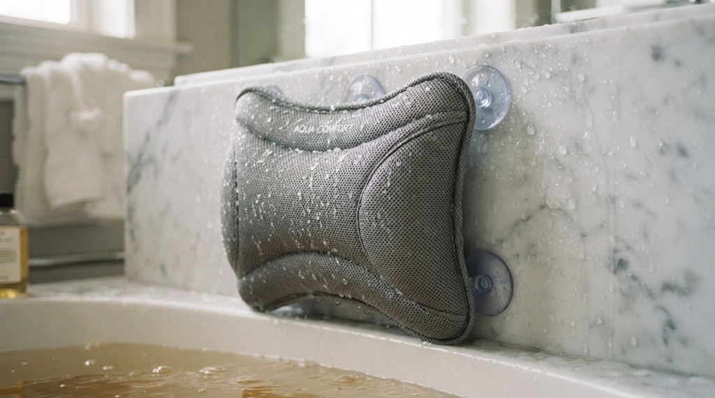 Close-up of a waterproof bath pillow mounted on a marble tub.