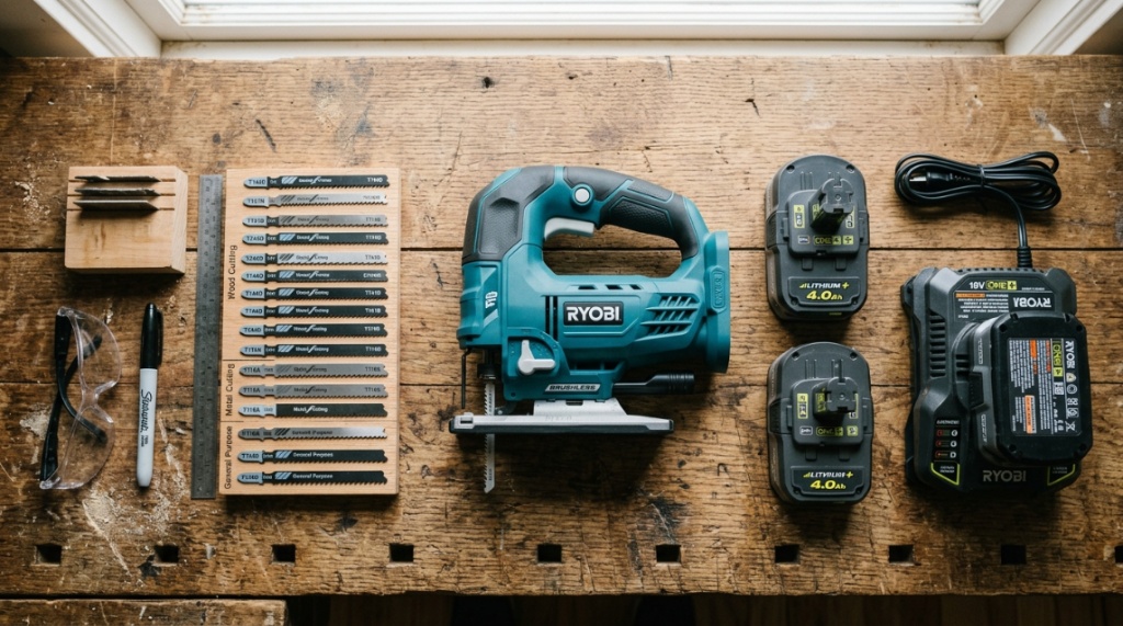Cordless jig saw, extra batteries, and blades laid out on a workbench.