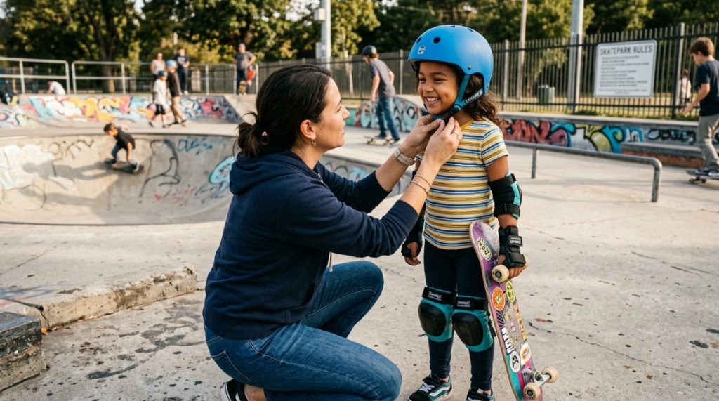 Parent checking certified safety helmet and pads on child skater.