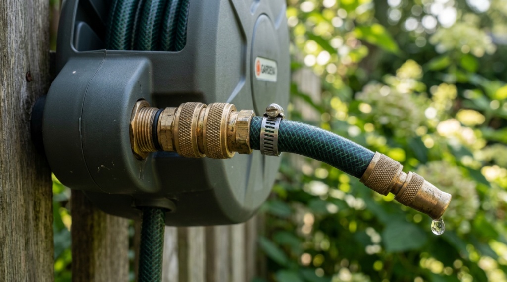 Close-up of a secure brass hose connector preventing water leaks in a garden.