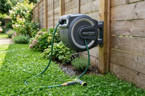Person neatly winding a green garden hose onto a wall-mounted retractable reel.