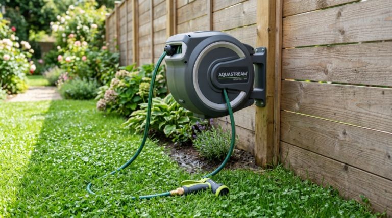 Person neatly winding a green garden hose onto a wall-mounted retractable reel.