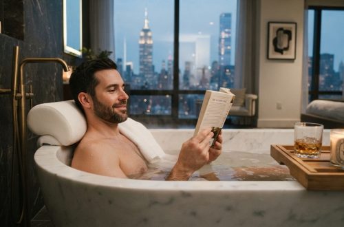 Man relaxing in a modern New York bathtub using a luxury bath pillow.